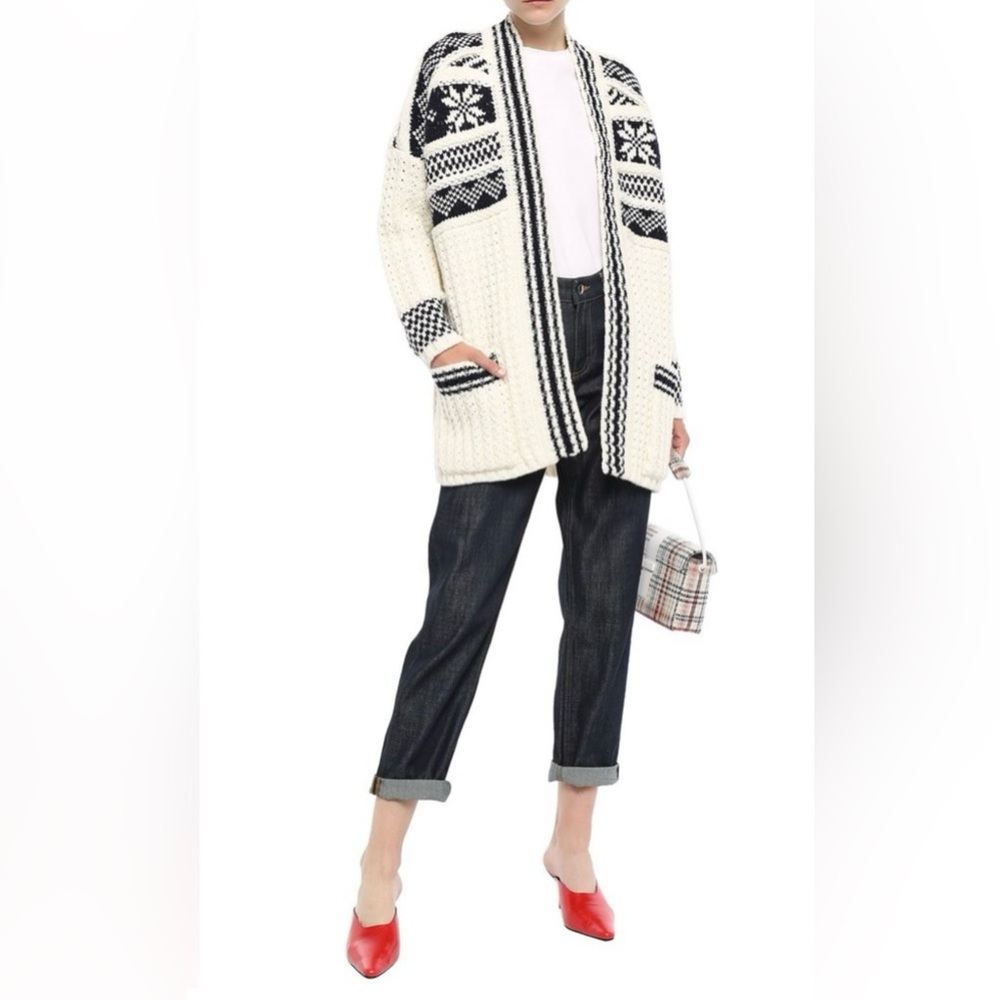 Maje Jacquard Chunky Knit Open Front Wool Cardigan In Black/Cream Size 1 (US S)